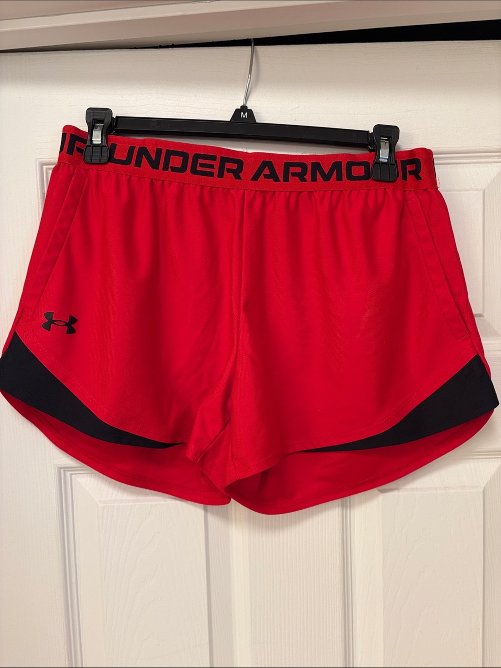 Under Armour Red Athletic Running Shorts with Black Accents